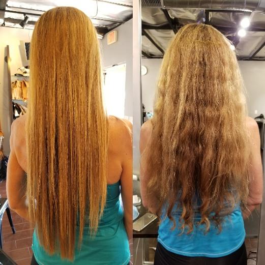 Brazilian Blowout on long wavy strawberry blonde hair Before and After at Vincent Michael Salon in San Juan Capistrano, CA