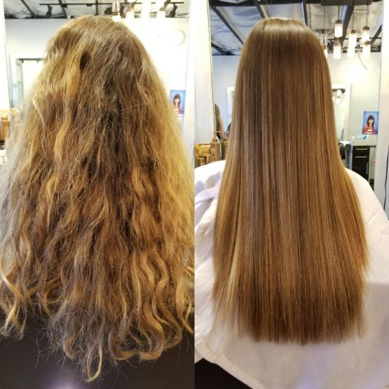 Brazilian Blowout on long wavy blonde hair Before and After at Vincent Michael Salon in San Juan Capistrano, CA